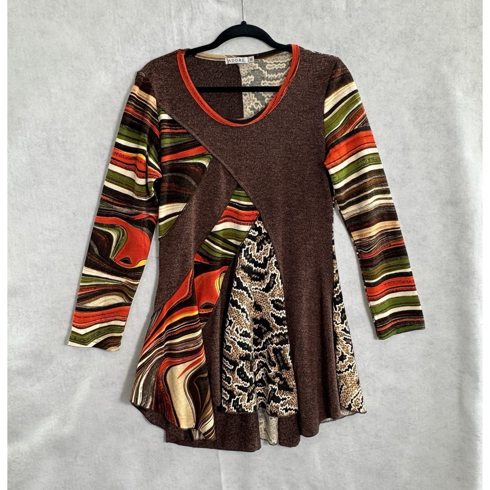 ADORE Women Long Sleeve Abstract Print Tunic Sweater Dress Sz M Brown 3-30